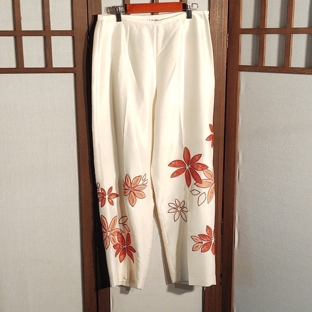 Vintage Yves Cossette Depeche Modes Silk Floral Embroidery White Pants Sz 8